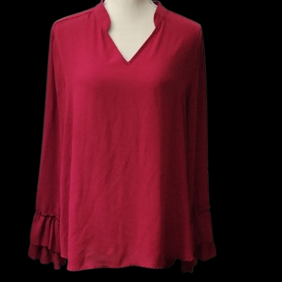 Tacera Tops - Tacera Red Bell Sleeve Blouse with Mandarin Collar